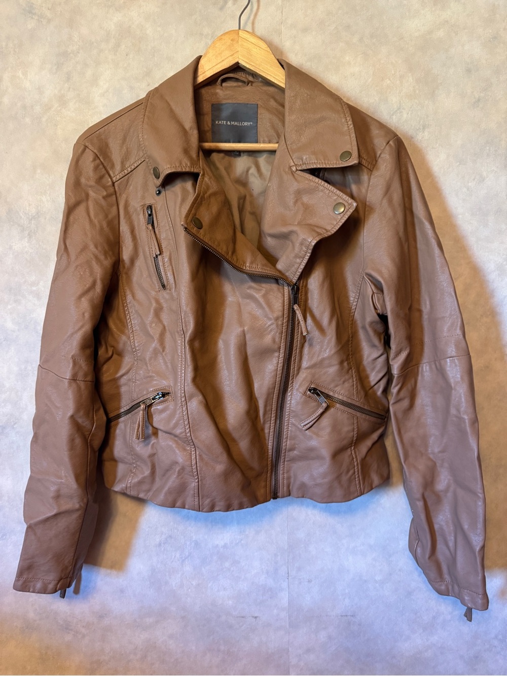 Kate & Mallory Tan Faux Leather Asymmetrical Zip Jacket